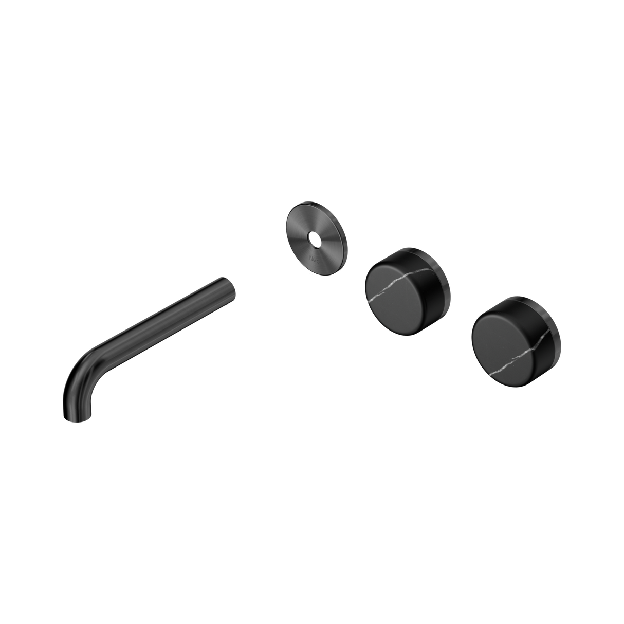 An image of Nero Tapware's Serenity Wall Basin Set 160mm Offset Spout With Marquina Black Handle Trim Kit Only Gun Metal