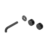 An image of Nero Tapware's Serenity Wall Basin Set 160mm Offset Spout With Marquina Black Handle Trim Kit Only Gun Metal