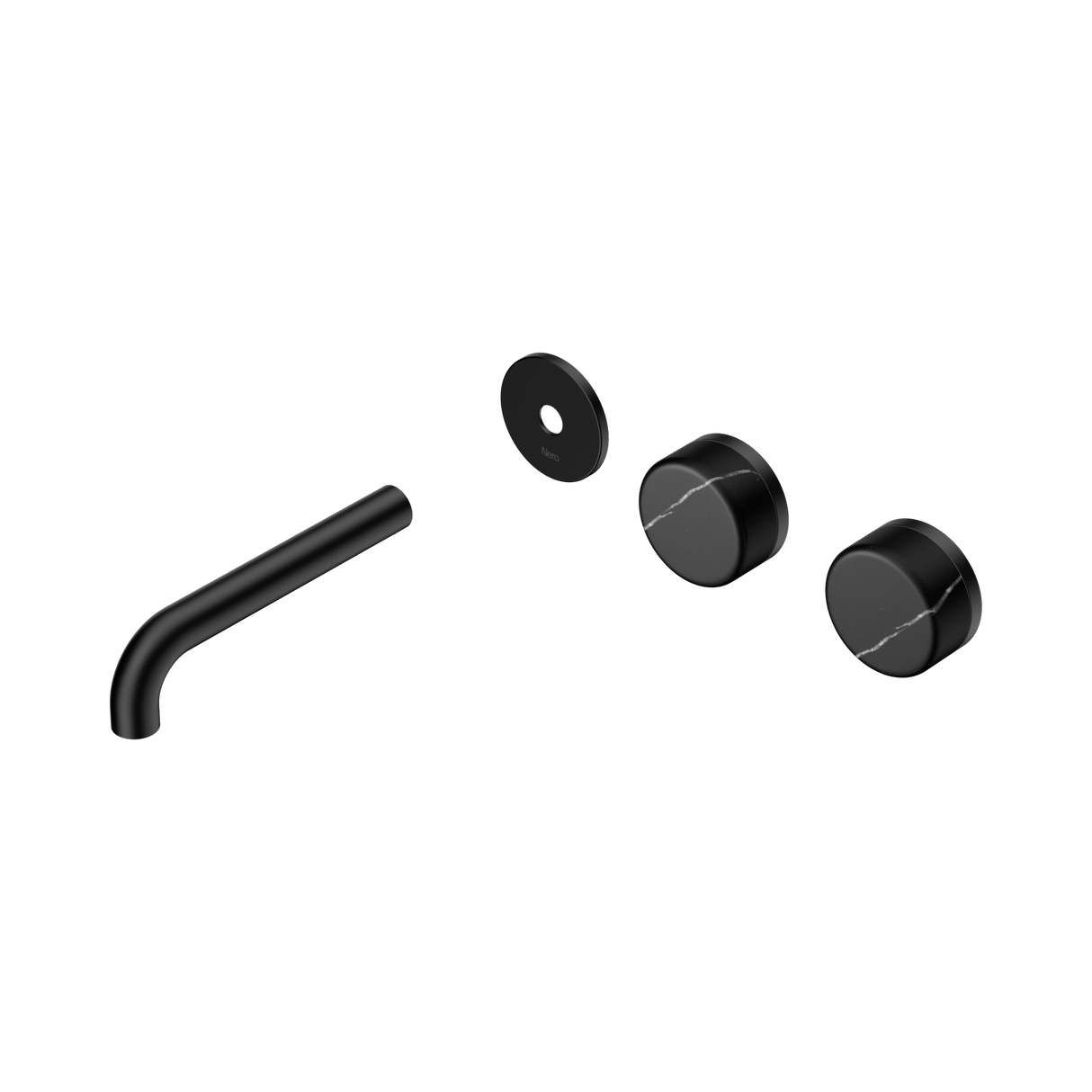An image of Nero Tapware's Serenity Wall Basin Set 160mm Offset Spout With Marquina Black Handle Trim Kit Only Matt Black
