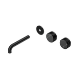 An image of Nero Tapware's Serenity Wall Basin Set 160mm Offset Spout With Marquina Black Handle Trim Kit Only Matt Black