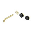 An image of Nero Tapware's Serenity Wall Basin Set 185mm Offset Spout With Marquina Black Handle Trim Kit Only Brushed Gold