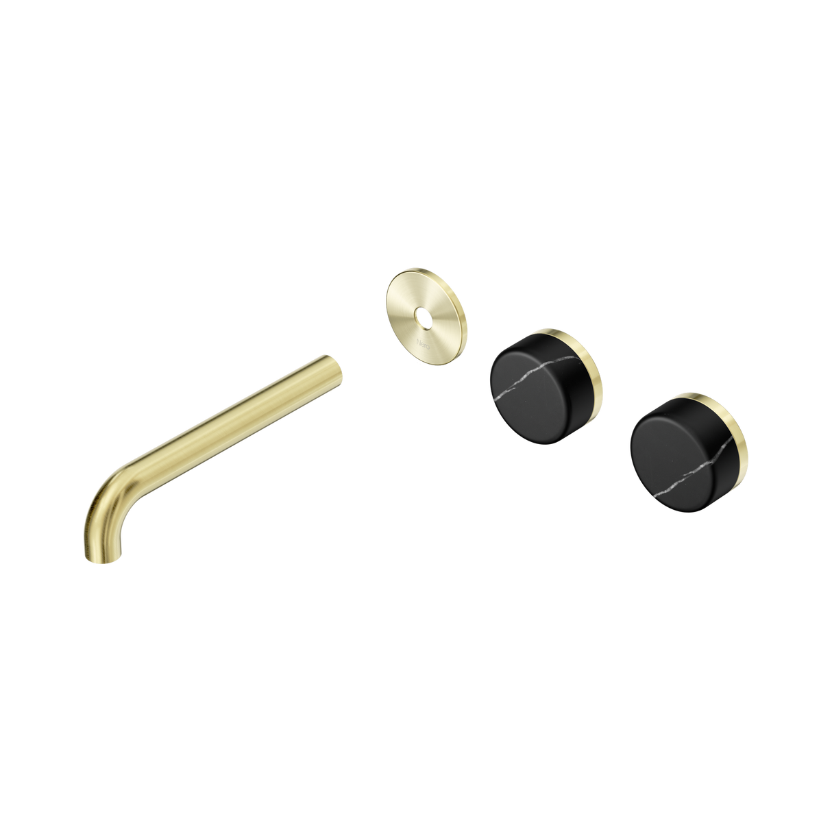 An image of Nero Tapware's Serenity Wall Basin Set 185mm Offset Spout With Marquina Black Handle Trim Kit Only Brushed Gold