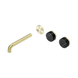 An image of Nero Tapware's Serenity Wall Basin Set 185mm Offset Spout With Marquina Black Handle Trim Kit Only Brushed Gold