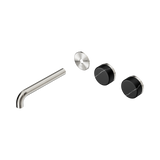 An image of Nero Tapware's Serenity Wall Basin Set 185mm Offset Spout With Marquina Black Handle Trim Kit Only Brushed Nickel