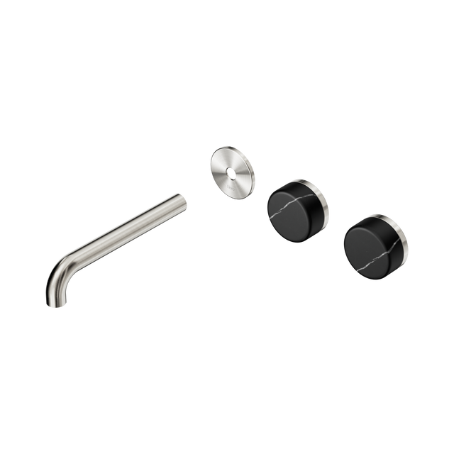 An image of Nero Tapware's Serenity Wall Basin Set 185mm Offset Spout With Marquina Black Handle Trim Kit Only Brushed Nickel