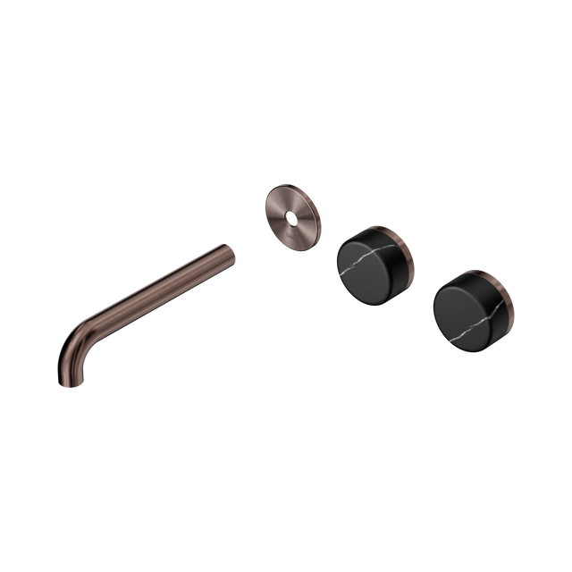 An image of Nero Tapware's Serenity Wall Basin Set 185mm Offset Spout With Marquina Black Handle Trim Kit Only Brushed Bronze