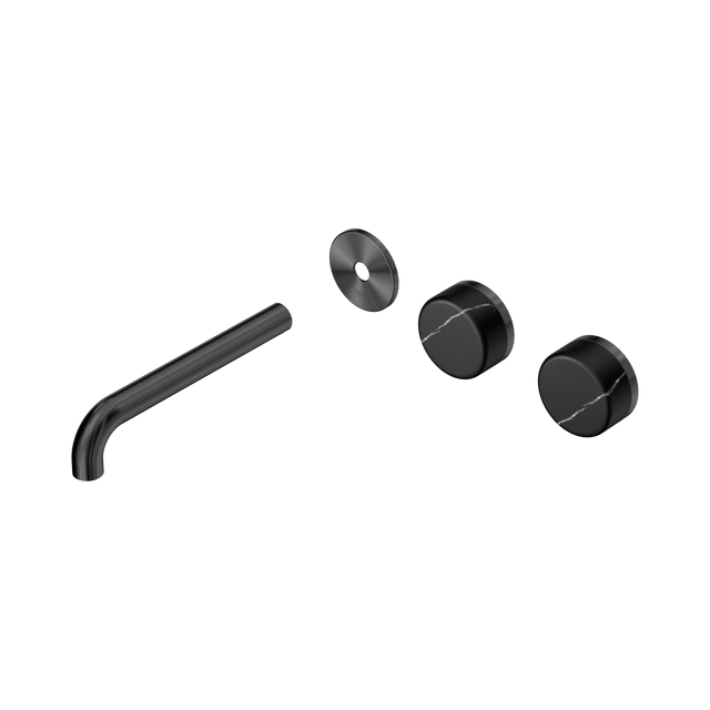 An image of Nero Tapware's Serenity Wall Basin Set 185mm Offset Spout With Marquina Black Handle Trim Kit Only Gun Metal