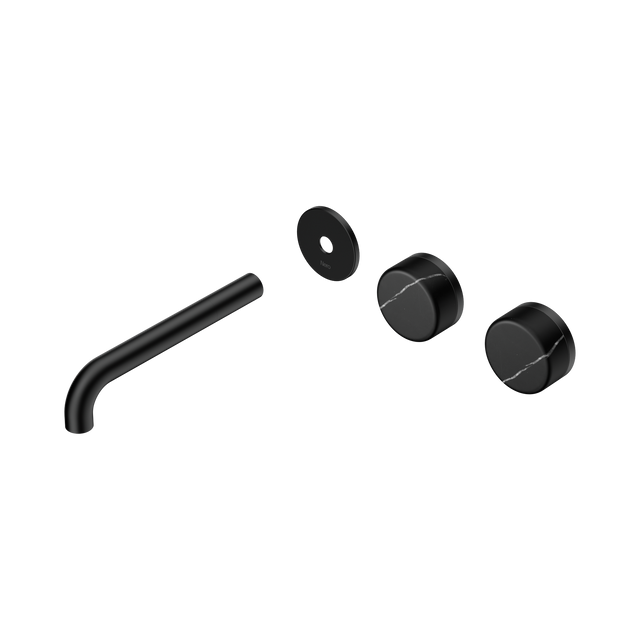 An image of Nero Tapware's Serenity Wall Basin Set 185mm Offset Spout With Marquina Black Handle Trim Kit Only Matt Black