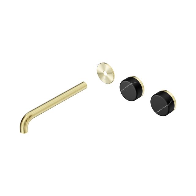 An image of Nero Tapware's Serenity Wall Basin Set 220mm Offset Spout With Marquina Black Handle Trim Kit Only Brushed Gold