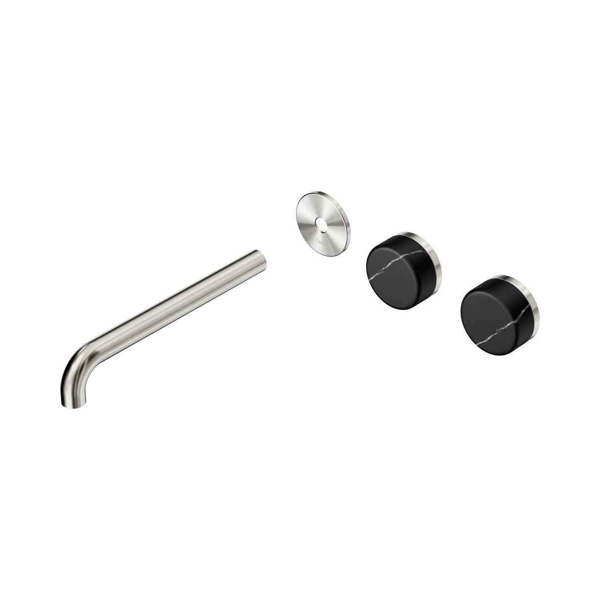 An image of Nero Tapware's Serenity Wall Basin Set 220mm Offset Spout With Marquina Black Handle Trim Kit Only Brushed Nickel