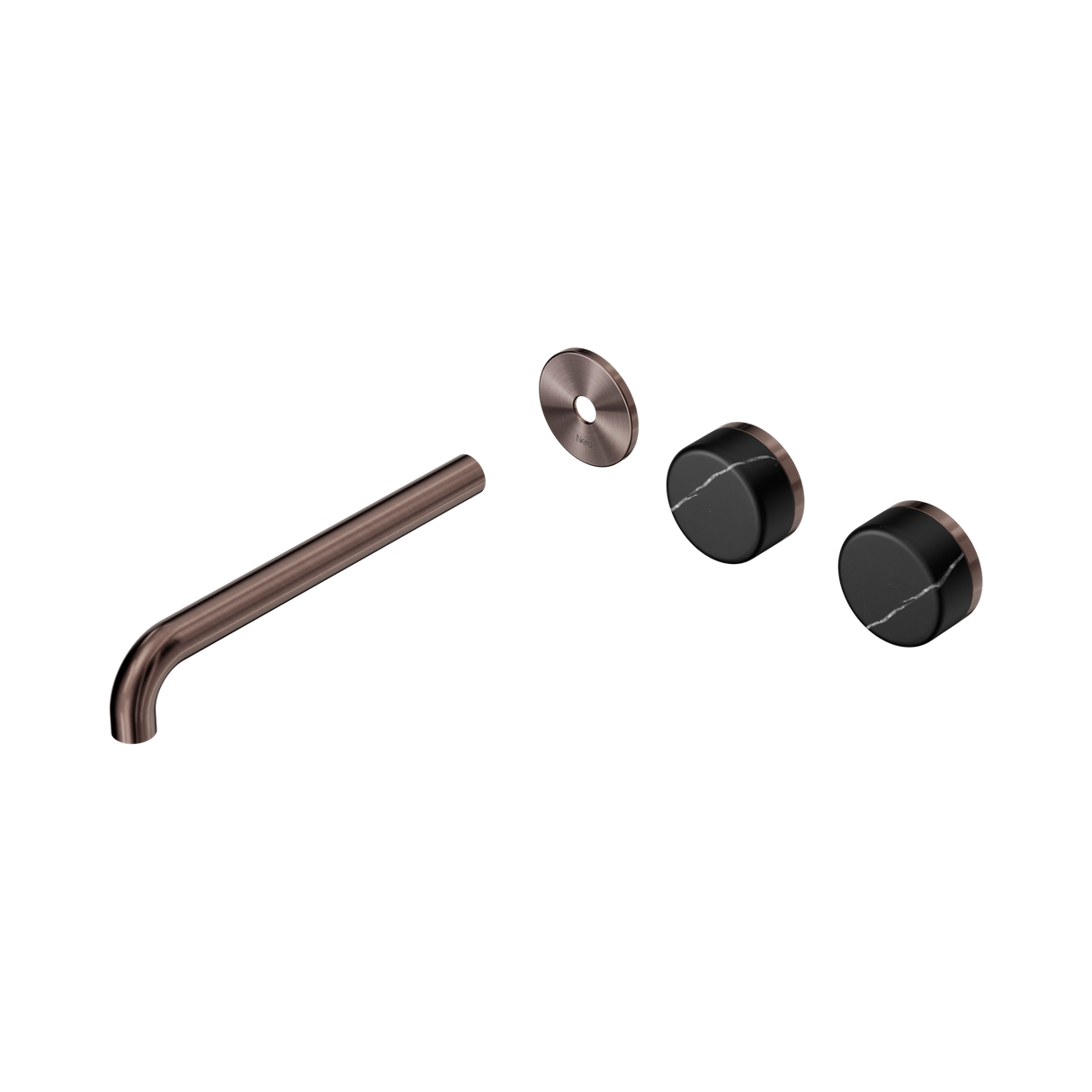 An image of Nero Tapware's Serenity Wall Basin Set 220mm Offset Spout With Marquina Black Handle Trim Kit Only Brushed Bronze