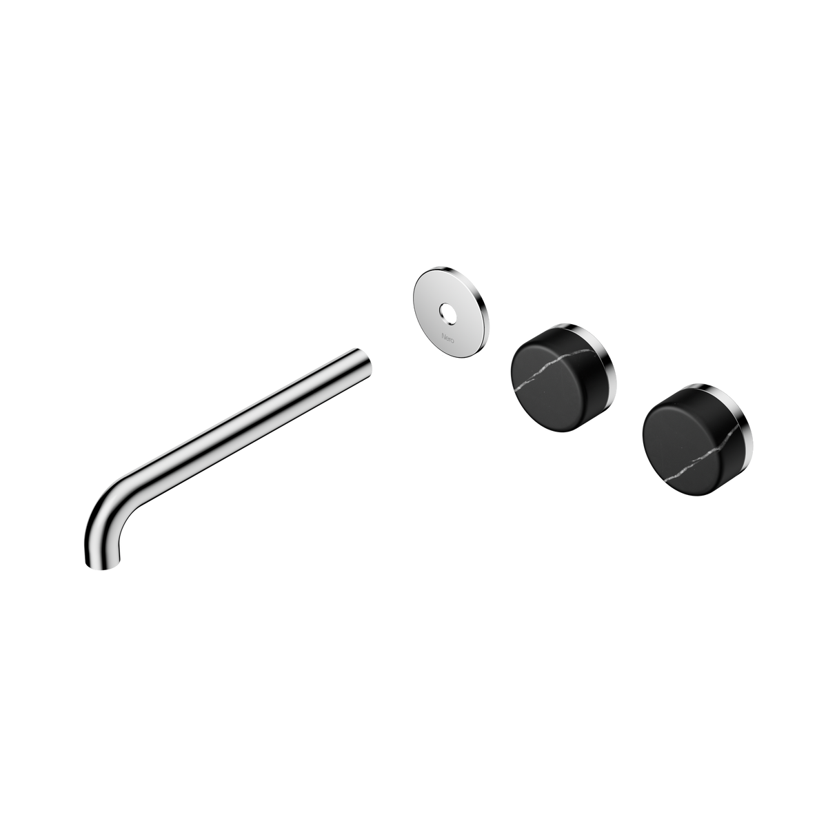 An image of Nero Tapware's Serenity Wall Basin Set 220mm Offset Spout With Marquina Black Handle Trim Kit Only Chrome