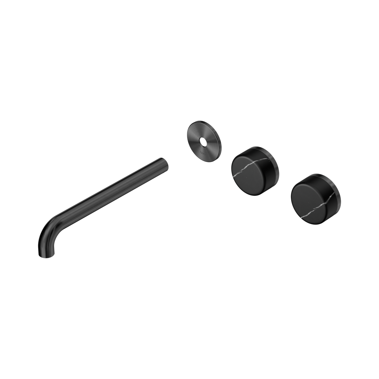 An image of Nero Tapware's Serenity Wall Basin Set 220mm Offset Spout With Marquina Black Handle Trim Kit Only Gun Metal