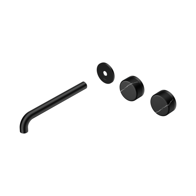 An image of Nero Tapware's Serenity Wall Basin Set 220mm Offset Spout With Marquina Black Handle Trim Kit Only Matt Black