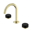 An image of Nero Tapware's Serenity Basin Set Arc Spout With Marquina Black Handle Brushed Gold