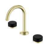 An image of Nero Tapware's Serenity Basin Set Arc Spout With Marquina Black Handle Brushed Gold