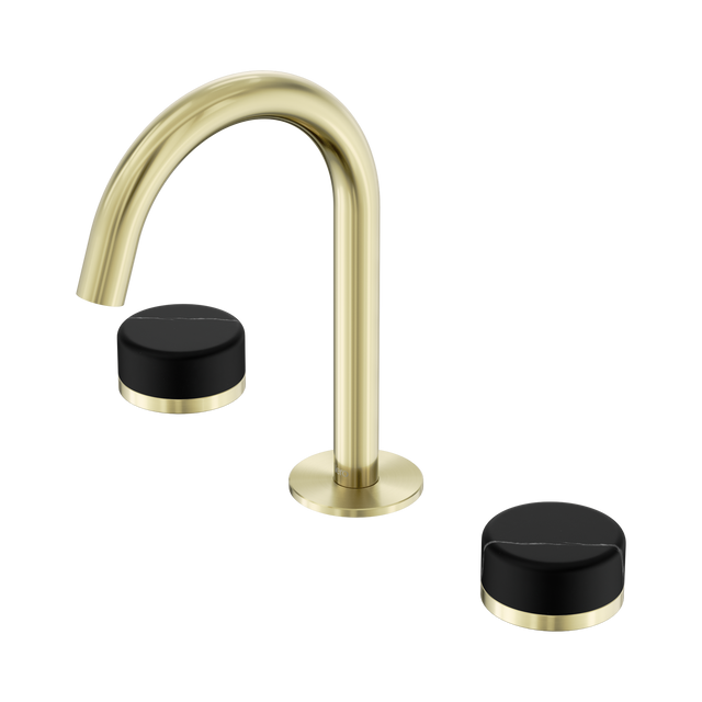 An image of Nero Tapware's Serenity Basin Set Arc Spout With Marquina Black Handle Brushed Gold