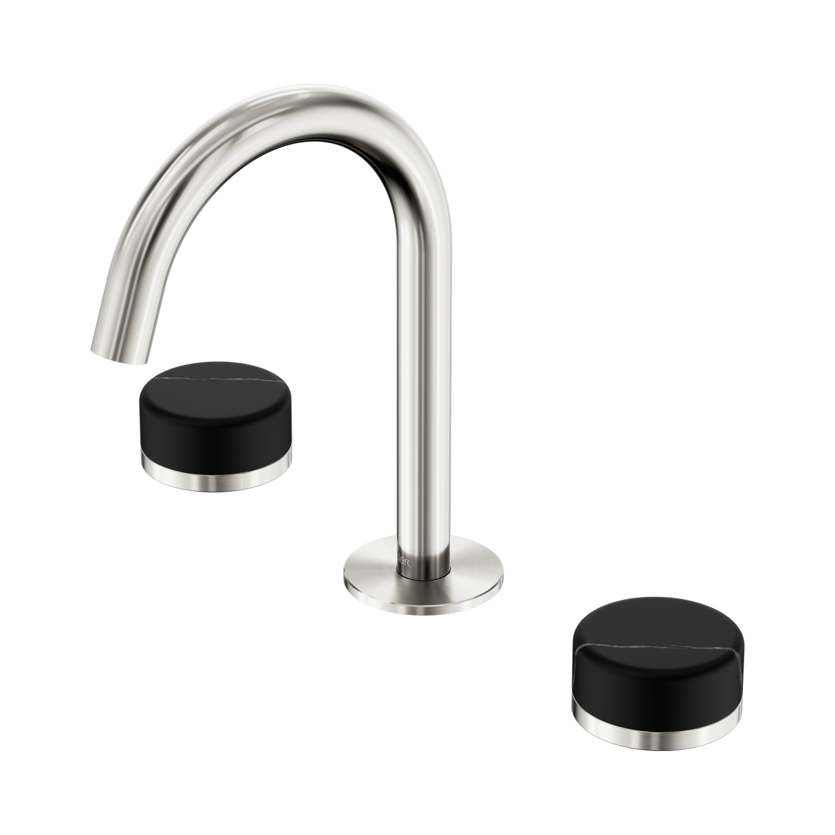 An image of Nero Tapware's Serenity Basin Set Arc Spout With Marquina Black Handle Brushed Nickel