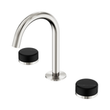 An image of Nero Tapware's Serenity Basin Set Arc Spout With Marquina Black Handle Brushed Nickel
