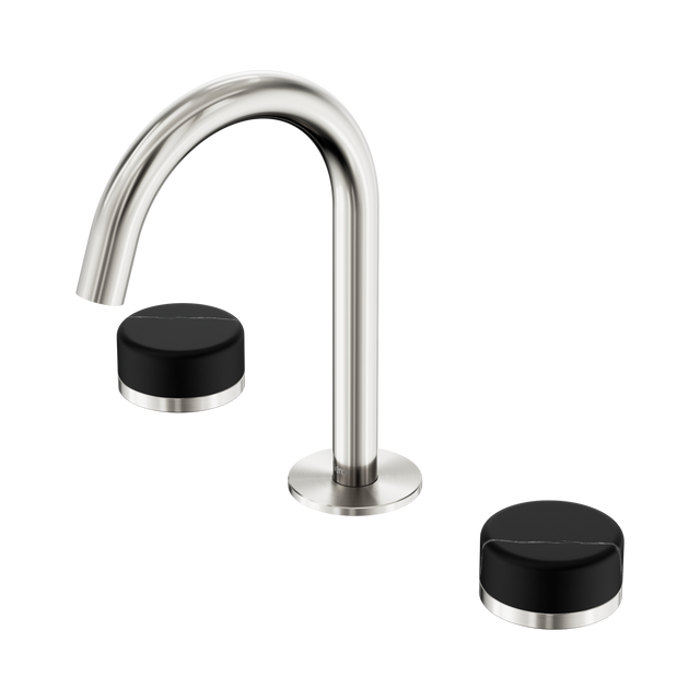 An image of Nero Tapware's Serenity Basin Set Arc Spout With Marquina Black Handle Brushed Nickel