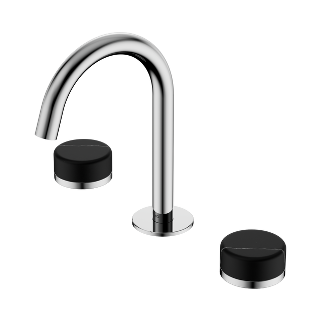 An image of Nero Tapware's Serenity Basin Set Arc Spout With Marquina Black Handle Chrome