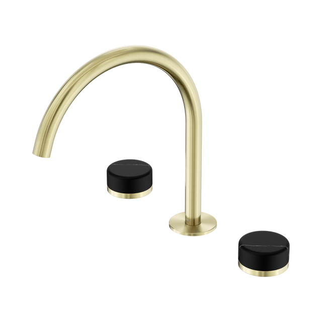An image of Nero Tapware's Serenity Bath/Kitchen Set Arc Spout With Marquina Black Handle Brushed Gold
