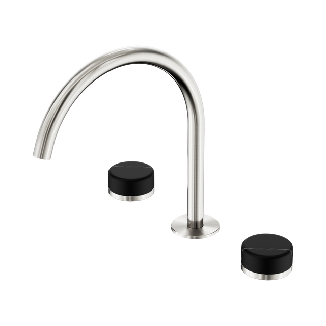 An image of Nero Tapware's Serenity Bath/Kitchen Set Arc Spout With Marquina Black Handle Brushed Nickel