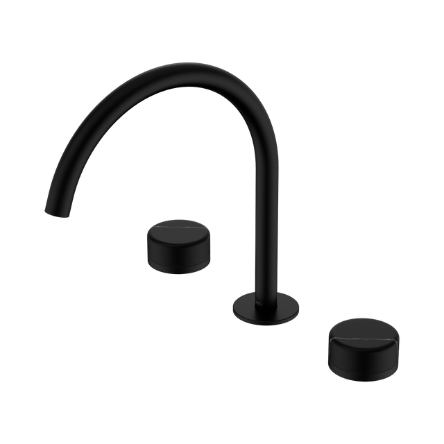 An image of Nero Tapware's Serenity Bath/Kitchen Set Arc Spout With Marquina Black Handle Matt Black