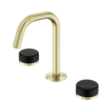 An image of Nero Tapware's Serenity Basin Set Edge Spout With Marquina Black Handle Brushed Gold