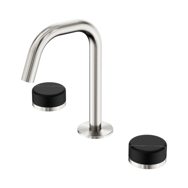 An image of Nero Tapware's Serenity Basin Set Edge Spout With Marquina Black Handle Brushed Nickel