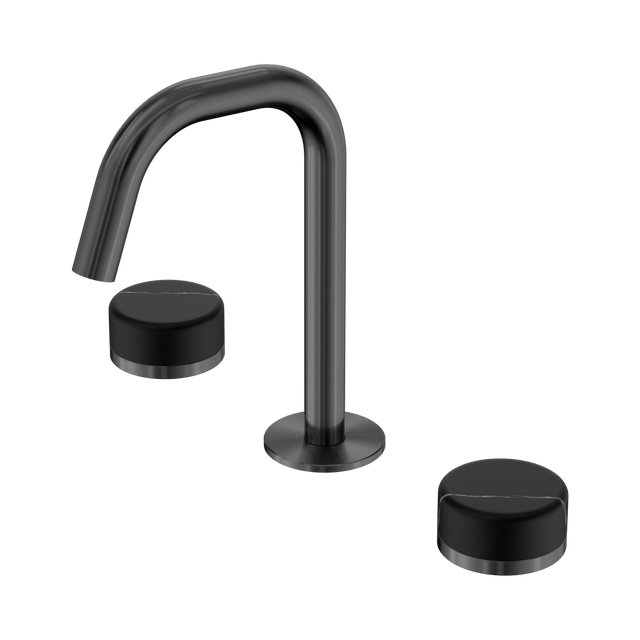 An image of Nero Tapware's Serenity Basin Set Edge Spout With Marquina Black Handle Gun Metal