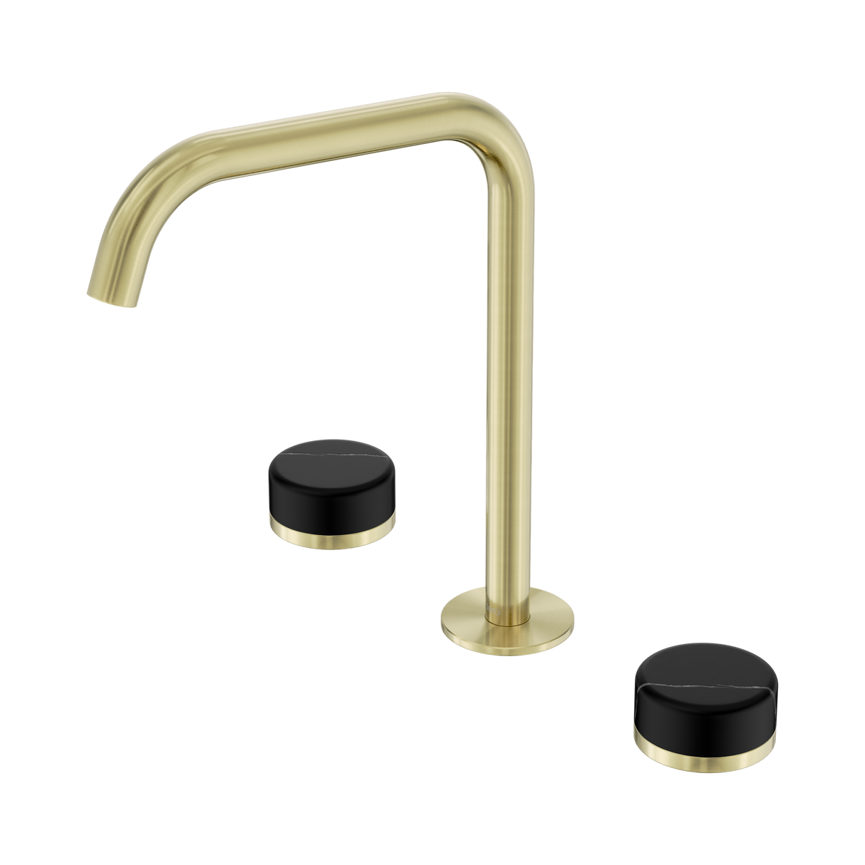 An image of Nero Tapware's Serenity Bath/Kitchen Set Edge Spout With Marquina Black Handle Brushed Gold