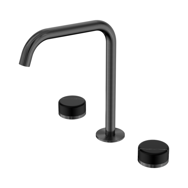 An image of Nero Tapware's Serenity Bath/Kitchen Set Edge Spout With Marquina Black Handle Gun Metal