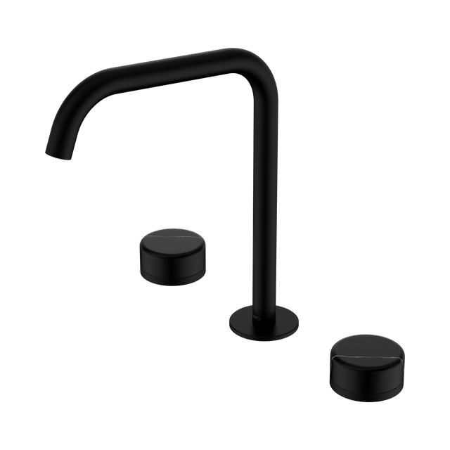 An image of Nero Tapware's Serenity Bath/Kitchen Set Edge Spout With Marquina Black Handle Matt Black