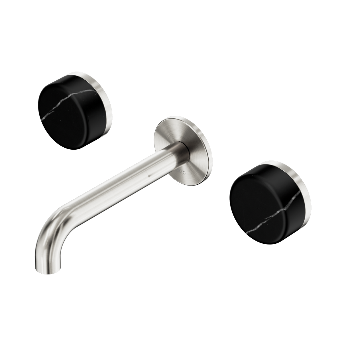 An image of Nero Tapware's Serenity Wall Basin Set 160mm Spout With Marquina Black Handle Brushed Nickel