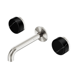 An image of Nero Tapware's Serenity Wall Basin Set 160mm Spout With Marquina Black Handle Brushed Nickel