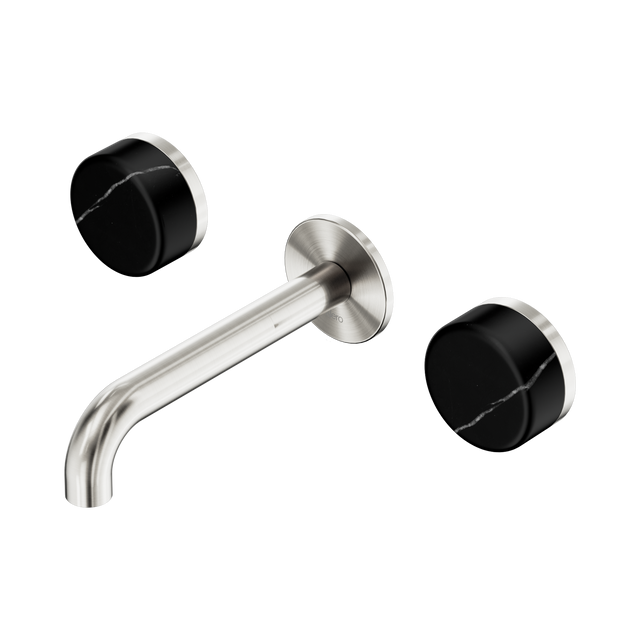 An image of Nero Tapware's Serenity Wall Basin Set 160mm Spout With Marquina Black Handle Brushed Nickel
