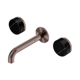 An image of Nero Tapware's Serenity Wall Basin Set 160mm Spout With Marquina Black Handle Brushed Bronze