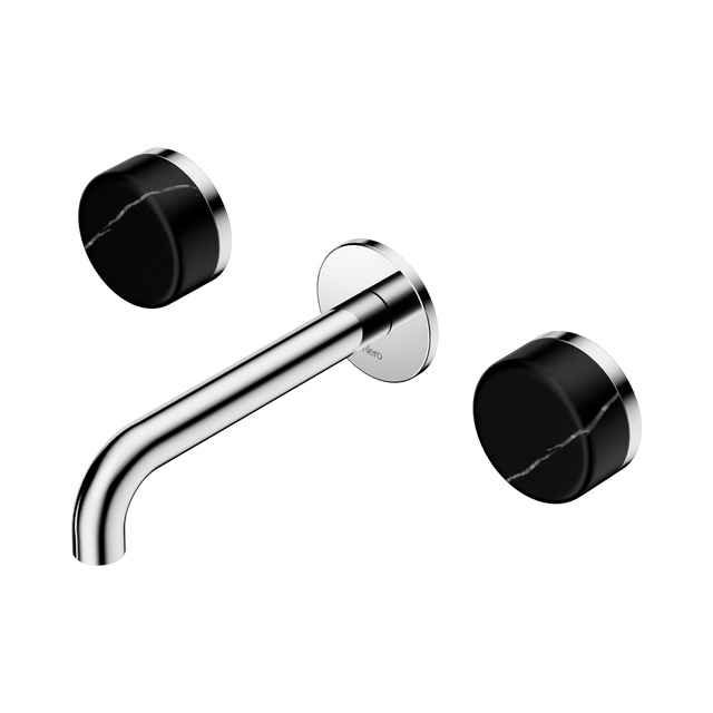 An image of Nero Tapware's Serenity Wall Basin Set 160mm Spout With Marquina Black Handle Chrome