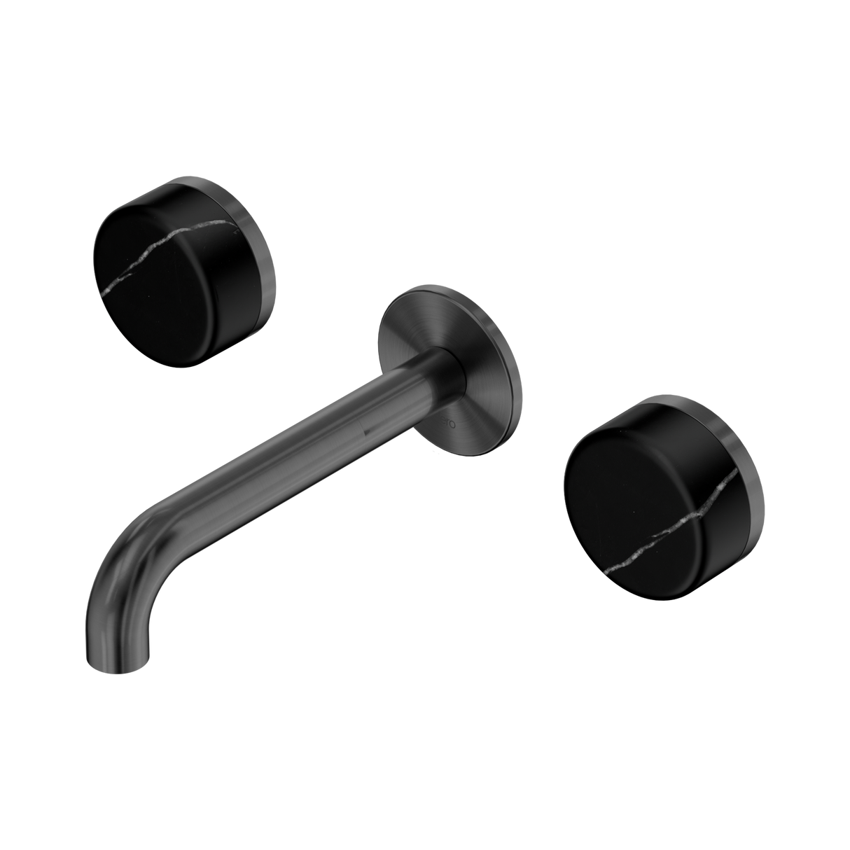 An image of Nero Tapware's Serenity Wall Basin Set 160mm Spout With Marquina Black Handle Gun Metal