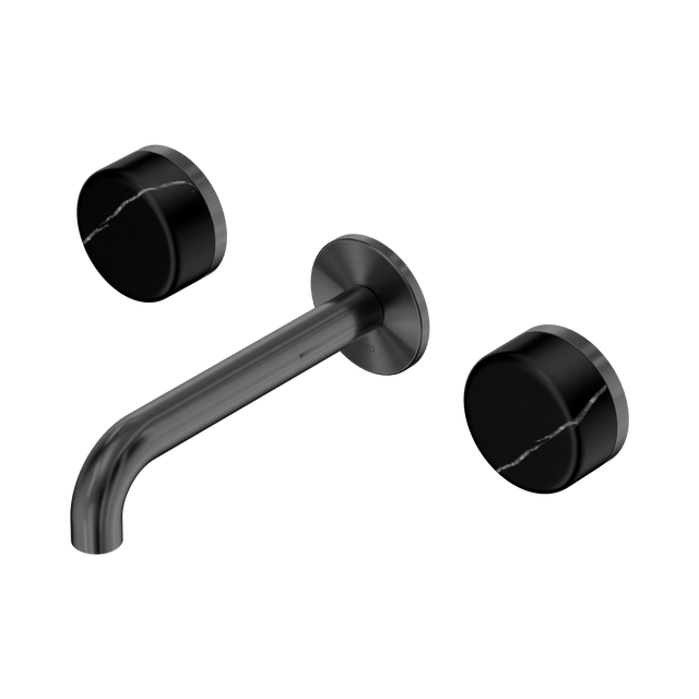 An image of Nero Tapware's Serenity Wall Basin Set 160mm Spout With Marquina Black Handle Gun Metal