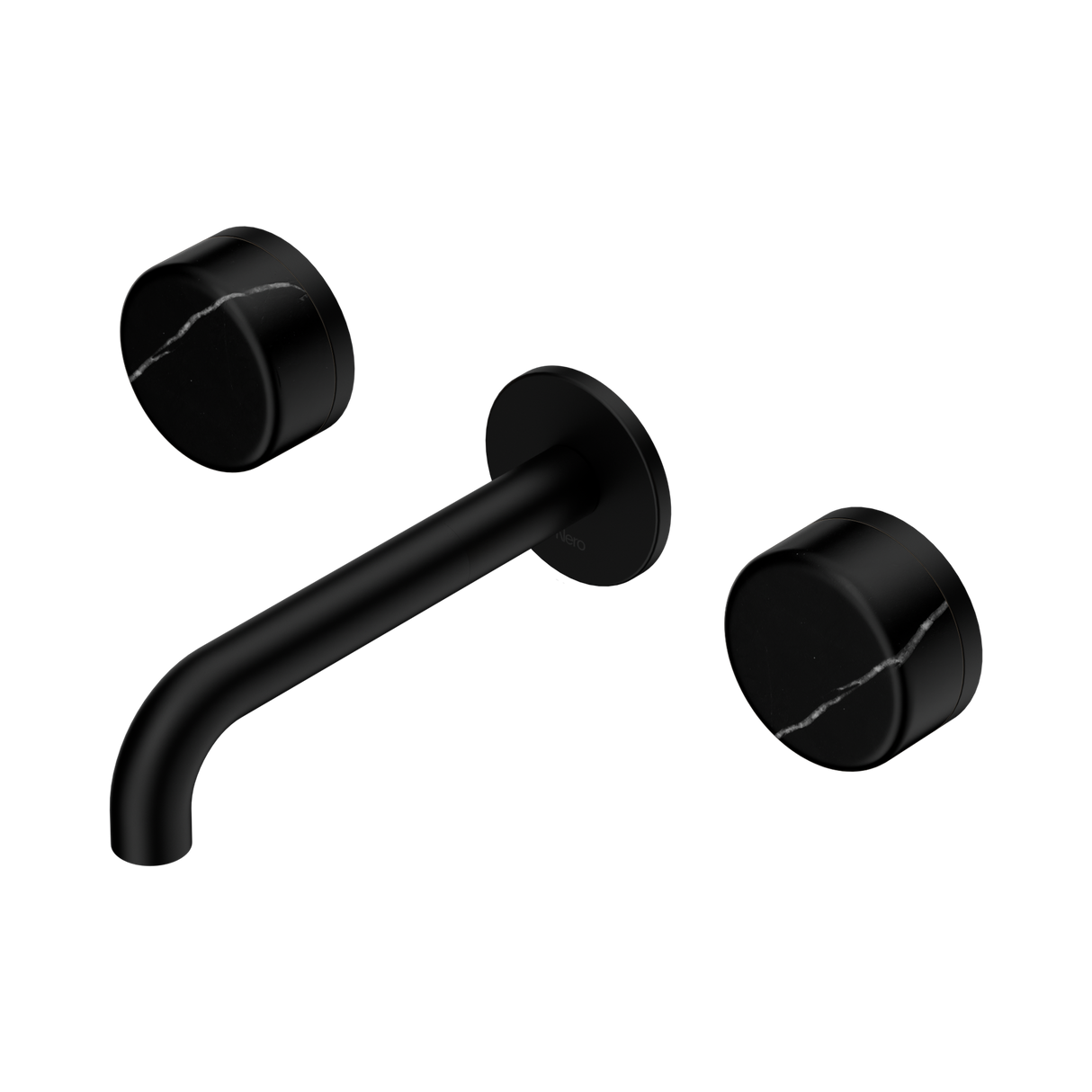 An image of Nero Tapware's Serenity Wall Basin Set 160mm Spout With Marquina Black Handle Matt Black