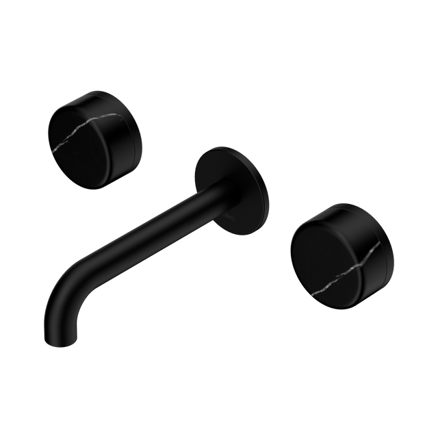An image of Nero Tapware's Serenity Wall Basin Set 160mm Spout With Marquina Black Handle Matt Black