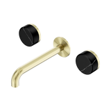 An image of Nero Tapware's Serenity Wall Basin Set 185mm Spout With Marquina Black Handle Brushed Gold