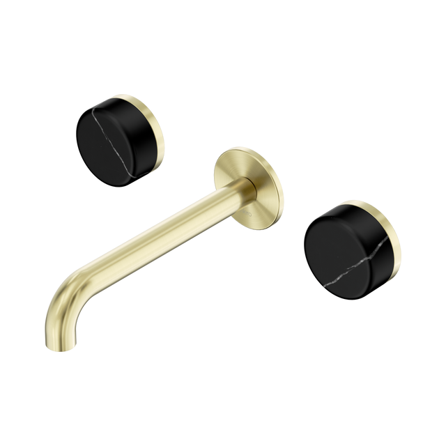An image of Nero Tapware's Serenity Wall Basin Set 185mm Spout With Marquina Black Handle Brushed Gold