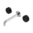 An image of Nero Tapware's Serenity Wall Basin Set 185mm Spout With Marquina Black Handle Brushed Nickel