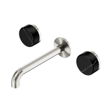 An image of Nero Tapware's Serenity Wall Basin Set 185mm Spout With Marquina Black Handle Brushed Nickel