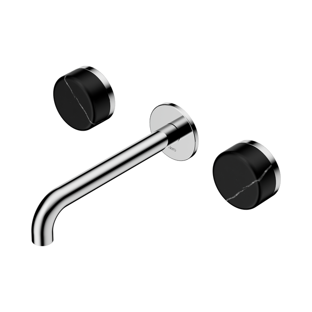 An image of Nero Tapware's Serenity Wall Basin Set 185mm Spout With Marquina Black Handle Chrome