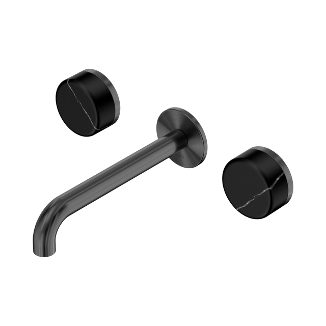 An image of Nero Tapware's Serenity Wall Basin Set 185mm Spout With Marquina Black Handle Gun Metal