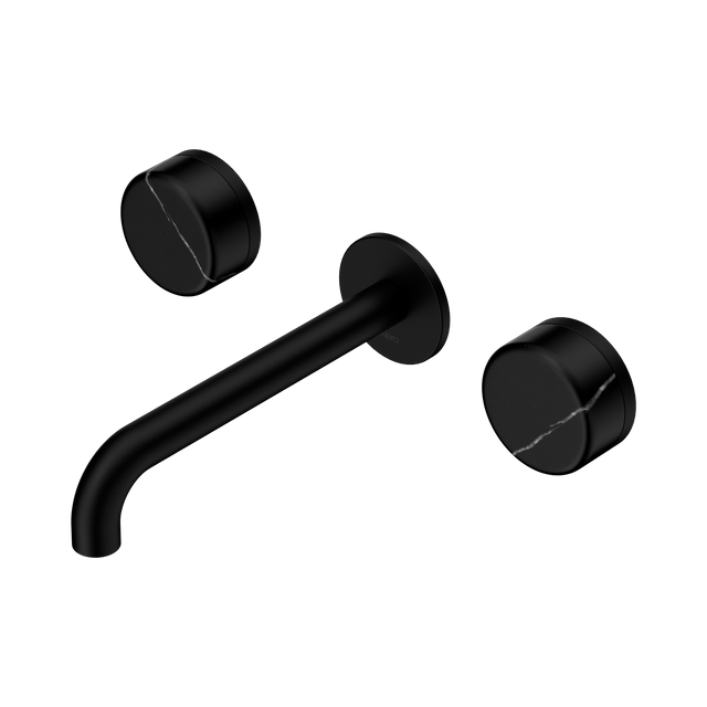 An image of Nero Tapware's Serenity Wall Basin Set 185mm Spout With Marquina Black Handle Matt Black